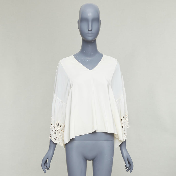 CHLOE milk cream 100% silk cotton lace eyelet trim peasant blouse FR34 XS