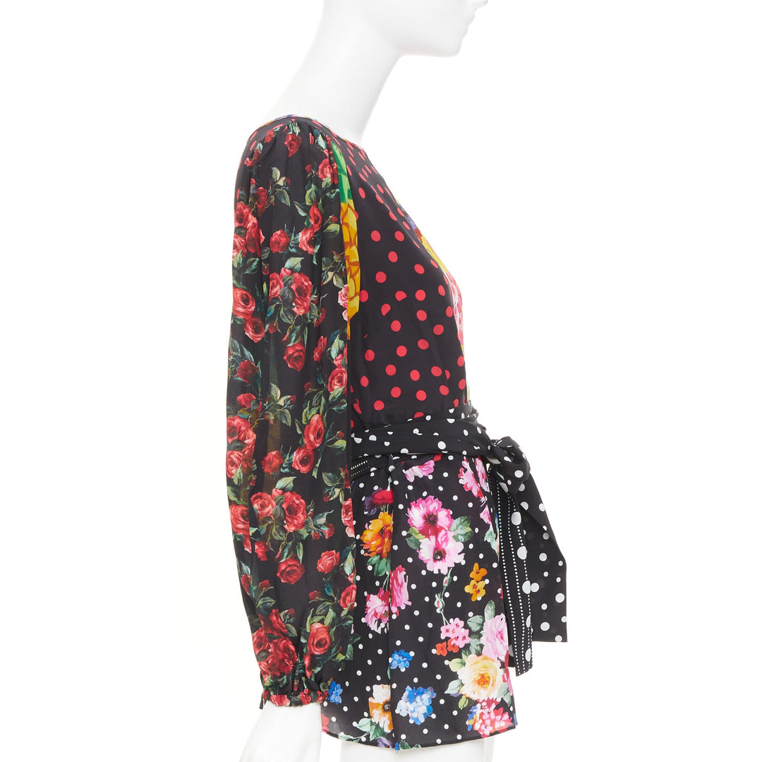 DOLCE GABBANA 2021 Runway patchwork floral pineapple polka dot silk top IT38 XS