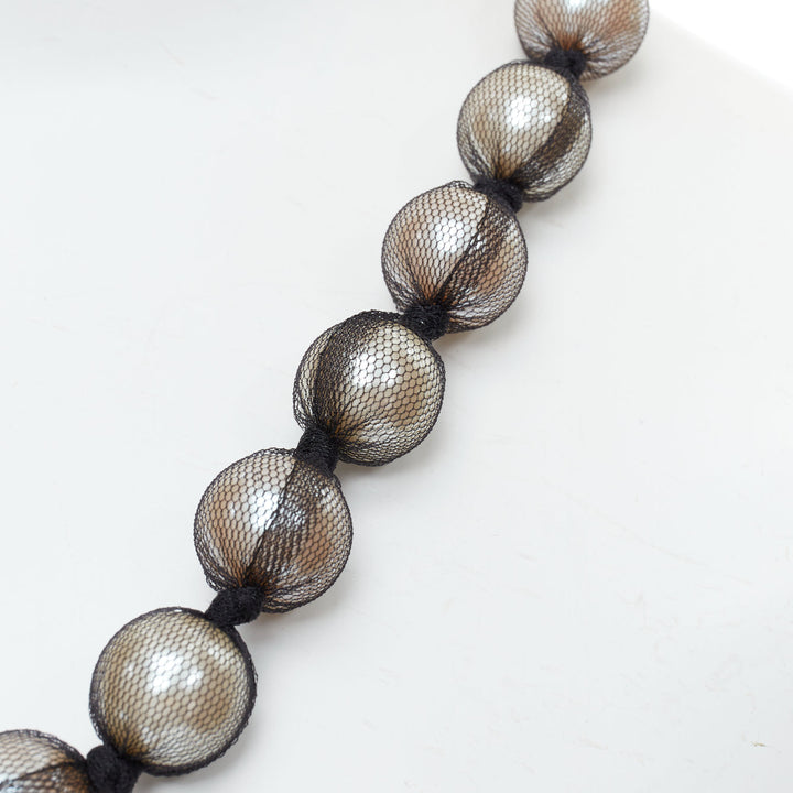 LANVIN black wrapped large faux pearl double ribbon tie princess necklace