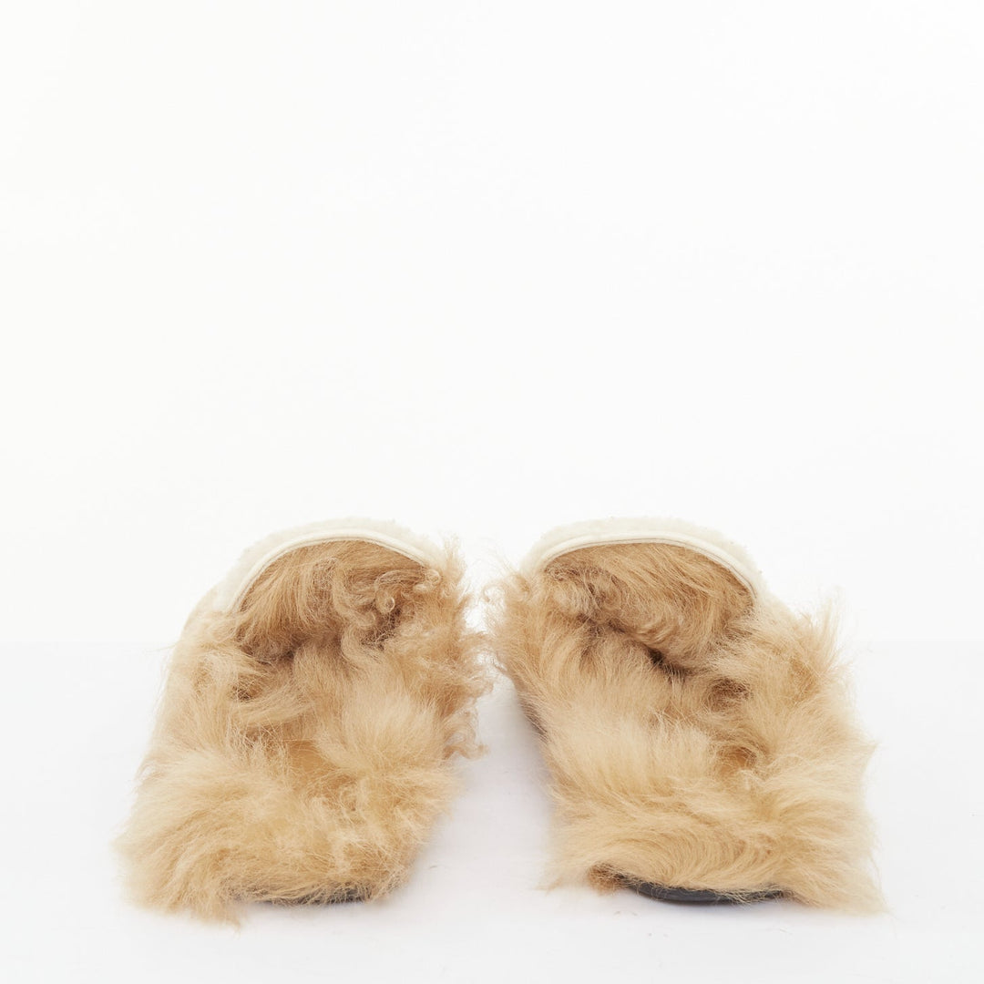 GUCCI Princetown beige shearling horsebit backless loafer mules EU37