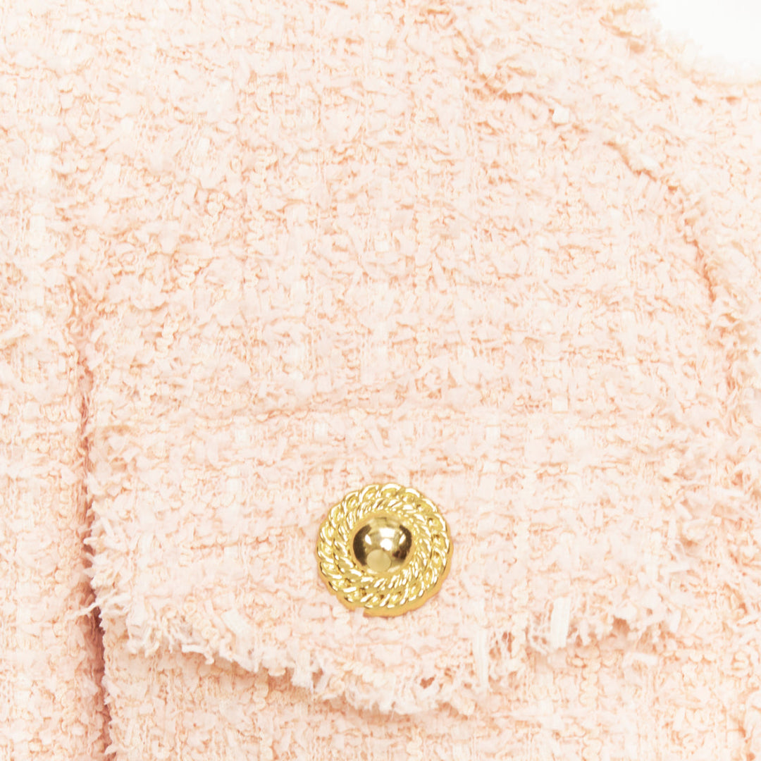 BALMAIN 2023 Pink Collarless Frayed Hem Four Pocket Cropped Tweed jacket FR34 XS