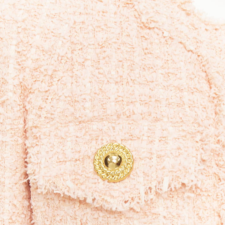 BALMAIN 2023 Pink Collarless Frayed Hem Four Pocket Cropped Tweed jacket FR34 XS