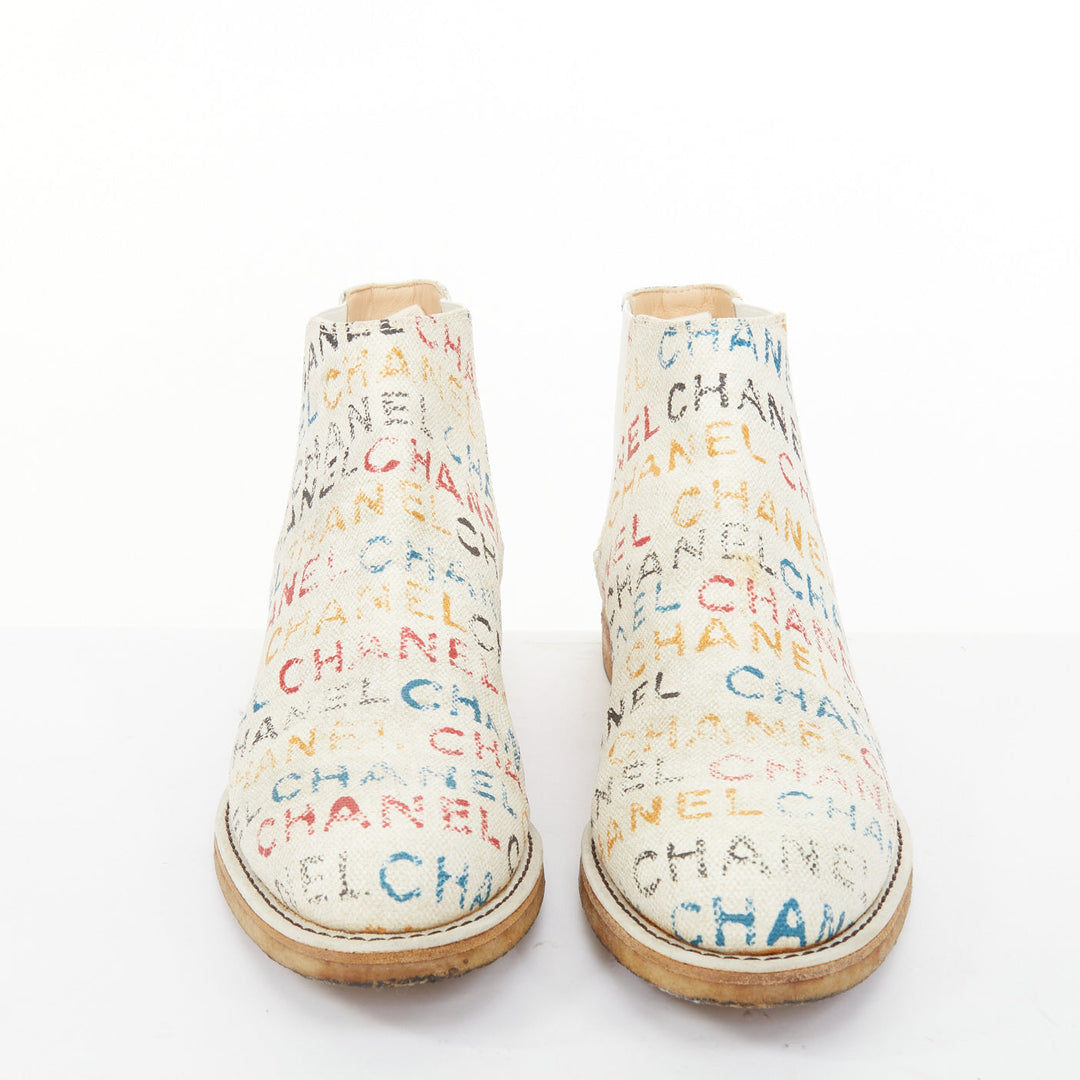 CHANEL 2014 Runway Graffiti multicolor logo print canvas chelsea boots EU40.5
