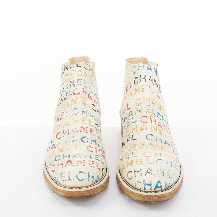 CHANEL 2014 Runway Graffiti multicolor logo print canvas chelsea boots EU40.5