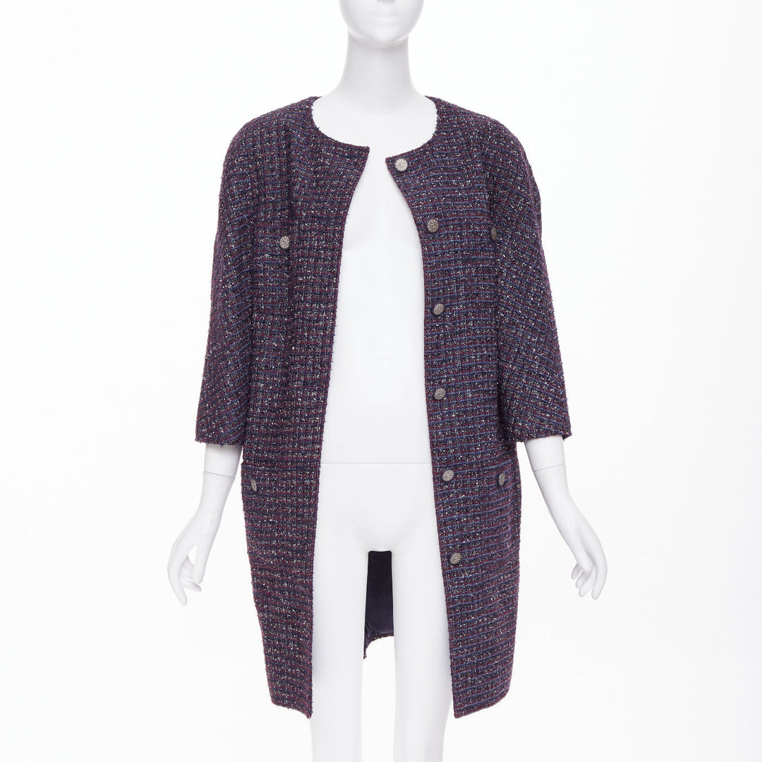 CHANEL 2014 purple metallic CC button four pocket collarless tweed coat FR44