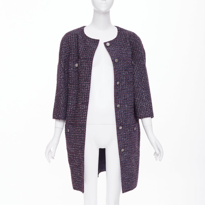 CHANEL 2014 purple metallic CC button four pocket collarless tweed coat FR44
