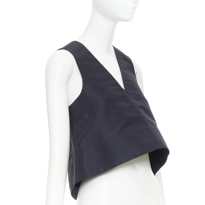 TIBI navy silk faille silver buckle strap back V neck crop top US0 XS