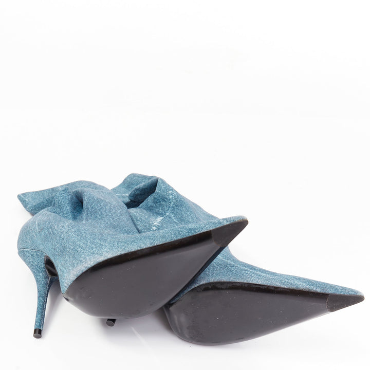 BALENCIAGA Knife blue denim trompe loeil pointy heeled boots EU36