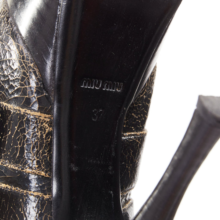 MIU MIU dark brown cracked effect leather triple strap platform heels EU37