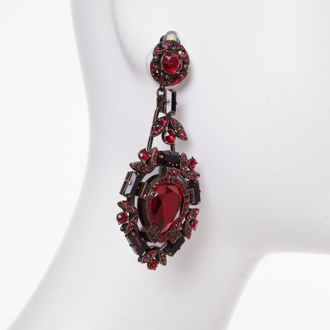 LANVIN Alber Elbaz red crystal rhinestone teardrop statement clip earrings pair