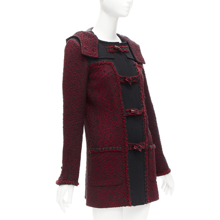 CHANEL 11A Runway red black wool tweed CC logo toggle button duffel coat FR36 S