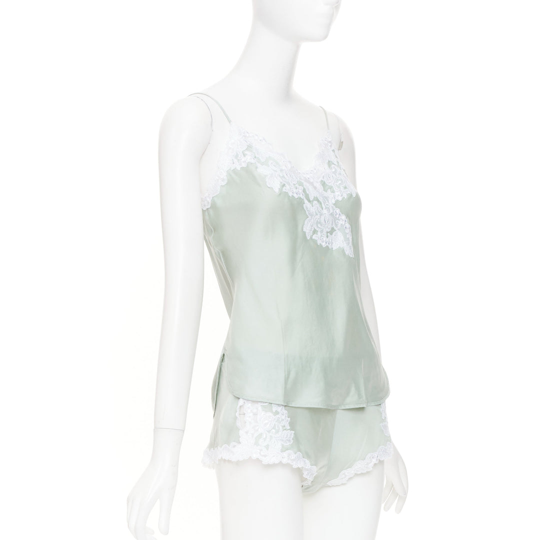LA PERLA Maison pale green lace silk blend pajama camisole shorts set FR38 M