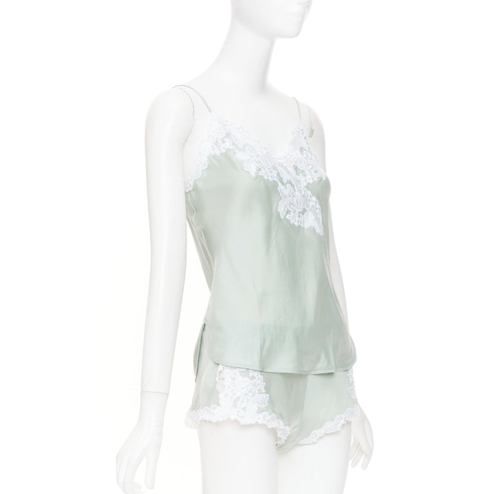 LA PERLA Maison pale green lace silk blend pajama camisole shorts set FR38 M
