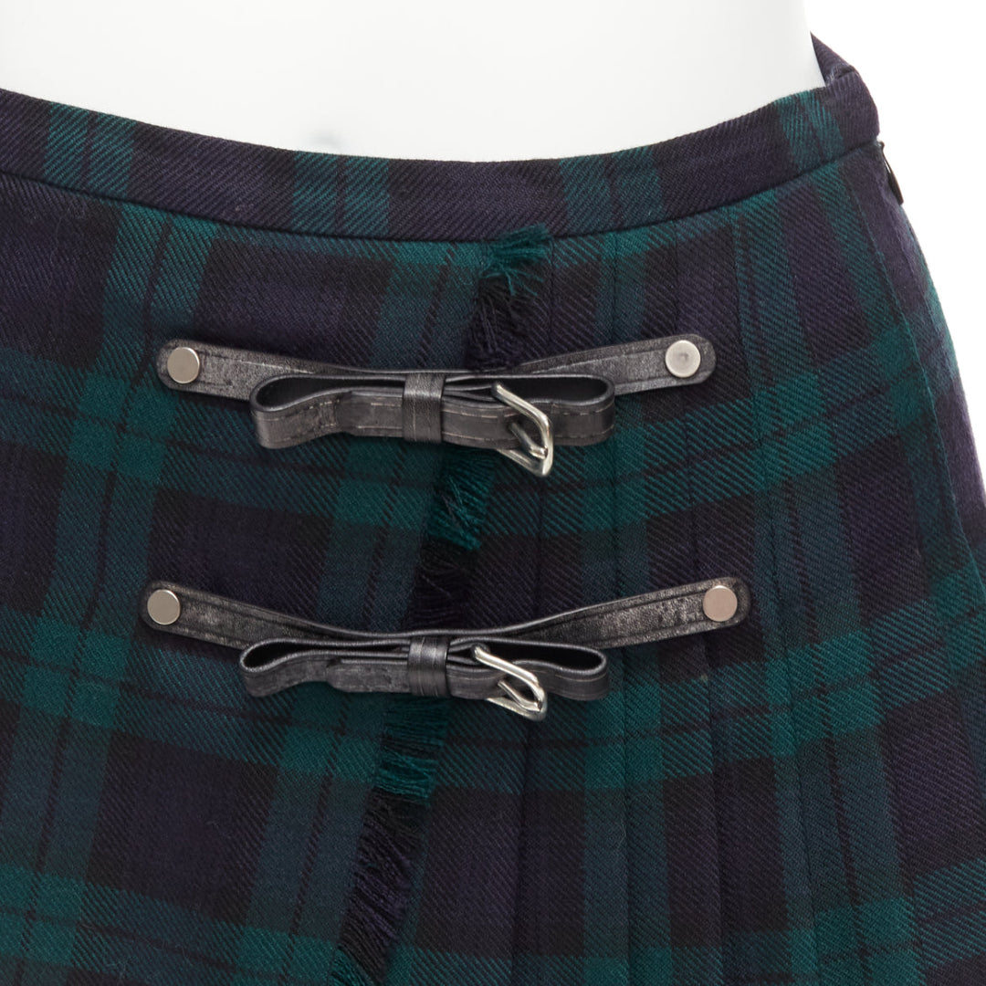DSQUARED2 green Scotland plaid black leather bow buckle mini skirt XS