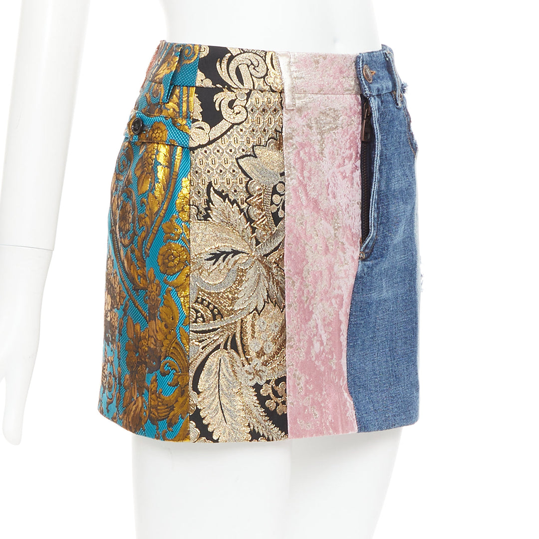 DOLCE GABBANA Denim Minirock gold blue jacquard patchwork mini skirt IT38 XS