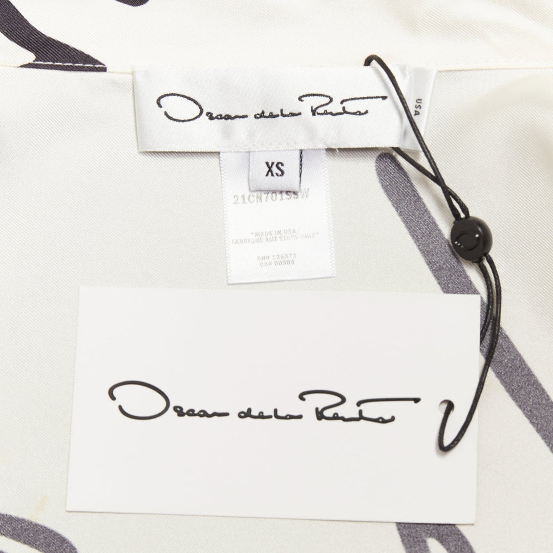 OSCAR DE LA RENTA C21 Runway black cursive script print white silk shirt top XS