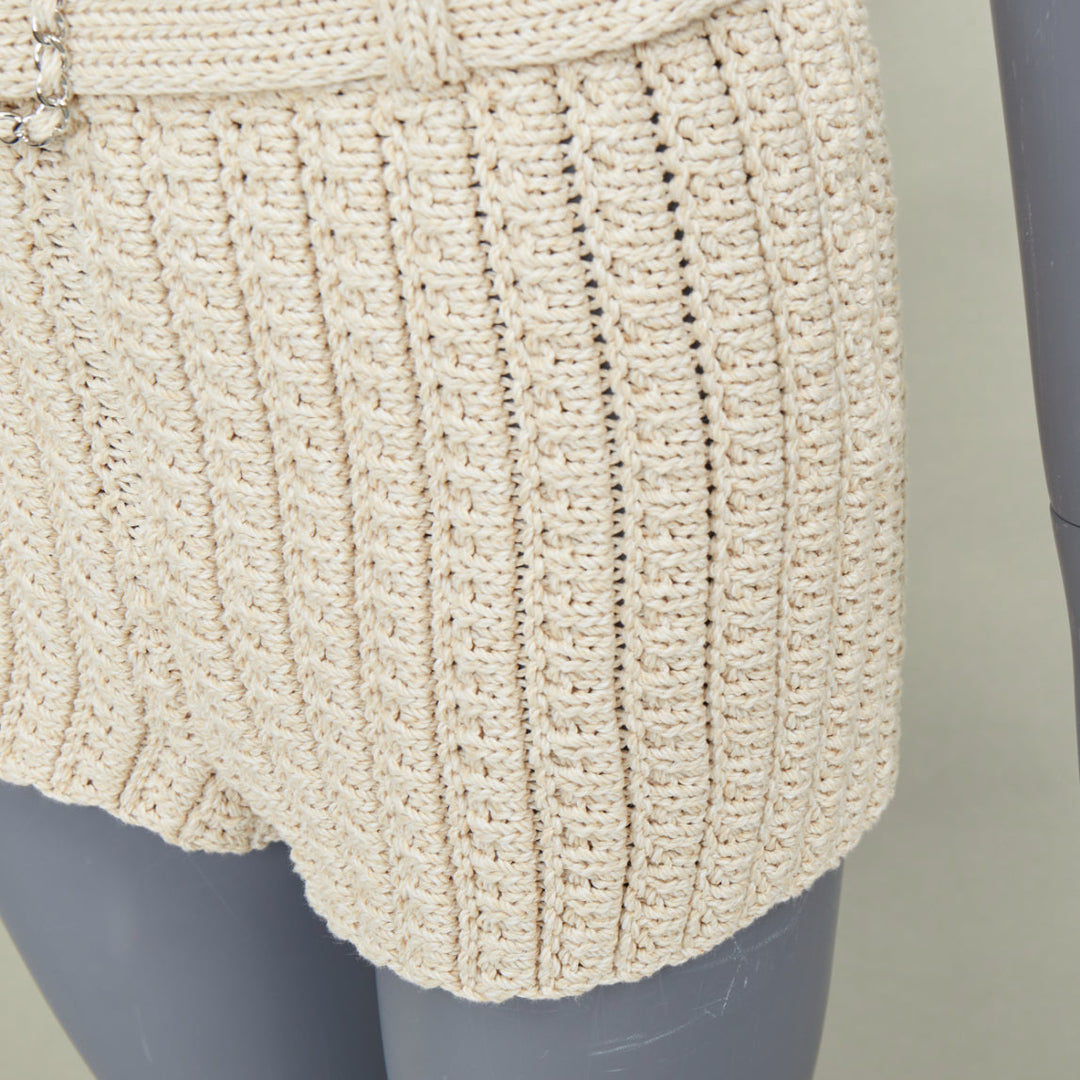 CHANEL 2025 Runway beige chain buckle belted textured ribbed knit shorts FR34 XS
