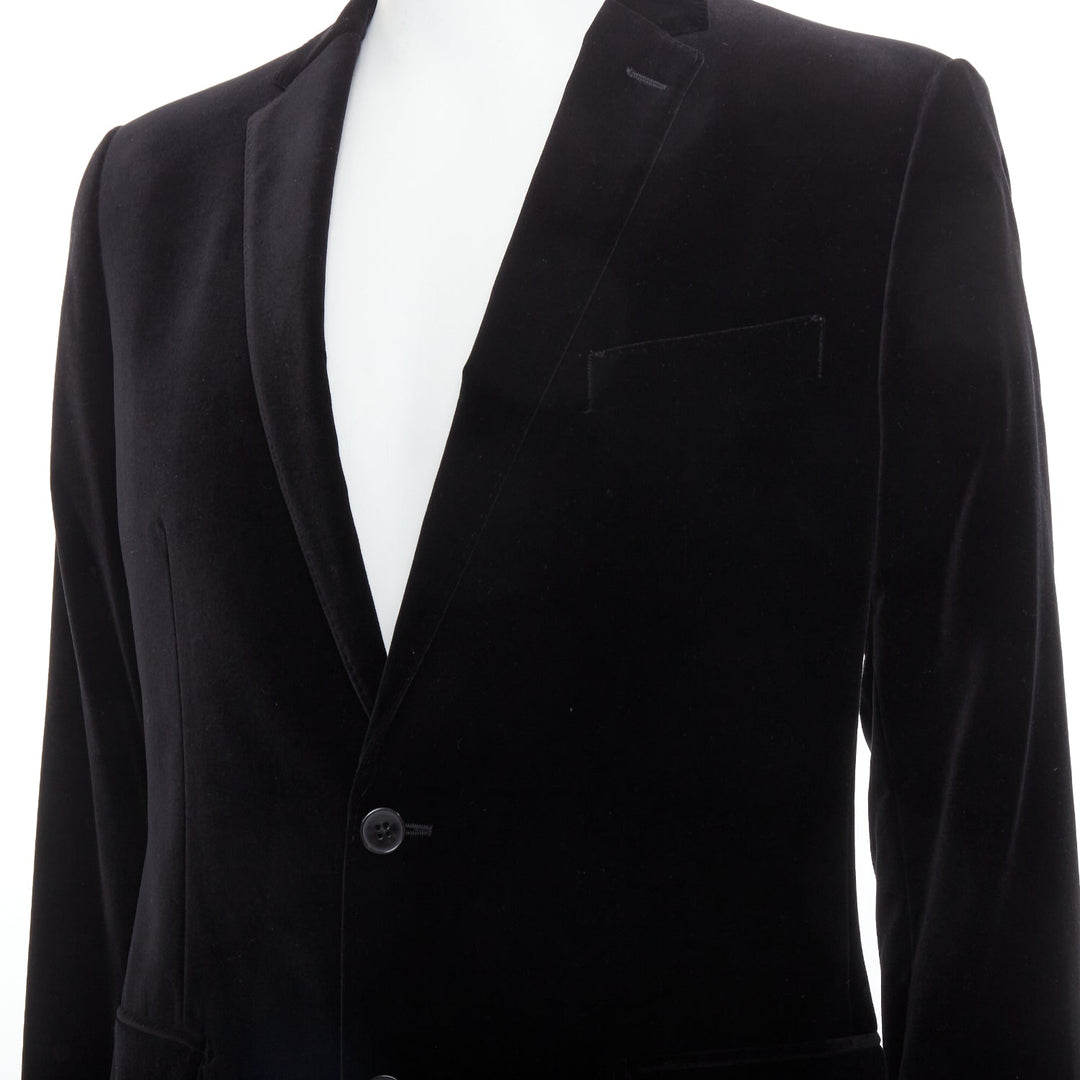 Male mannequin wearing Dolce Gabbana Martini Fit Black Cotton Men Blazers in Size IT48 | Available at JHROP