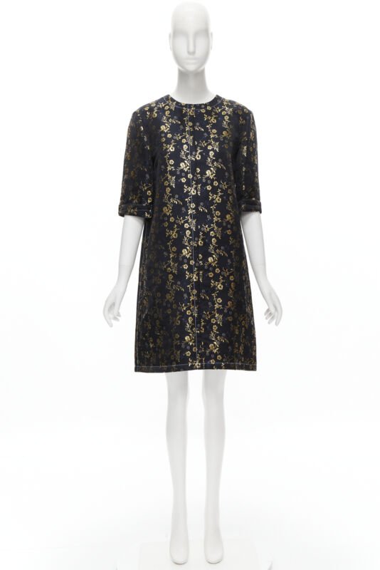 MARNI 2019 black gold blue floral jacquard cuffed sleeve trapeze dress IT40 S