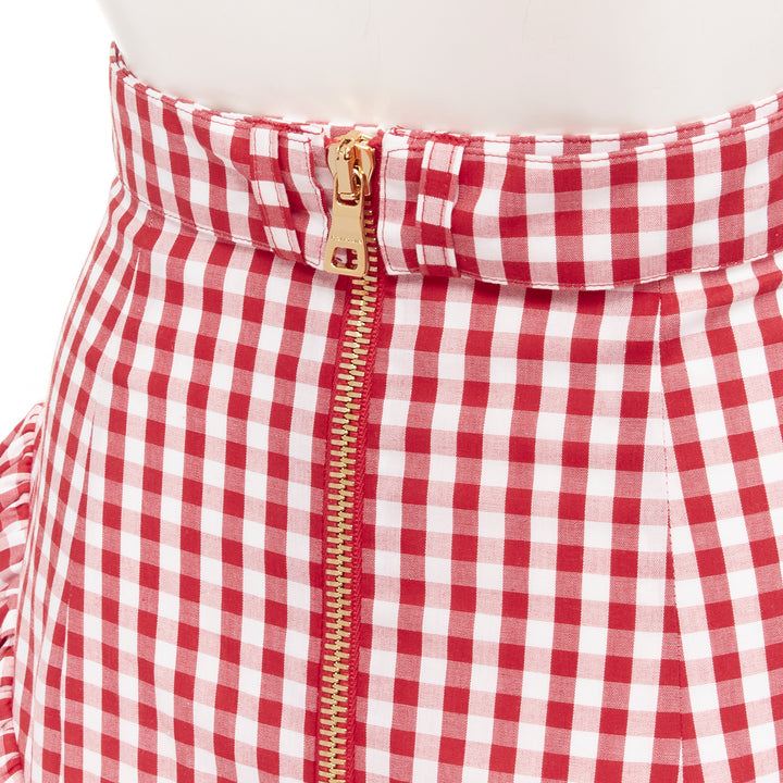 BALMAIN B logo buckle red white gingham ruffled cottage skirt FR34 XS