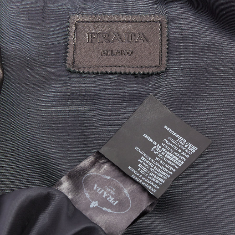 PRADA 2015 black lambskin leather grosgrain trim cropped military jacket IT44 L