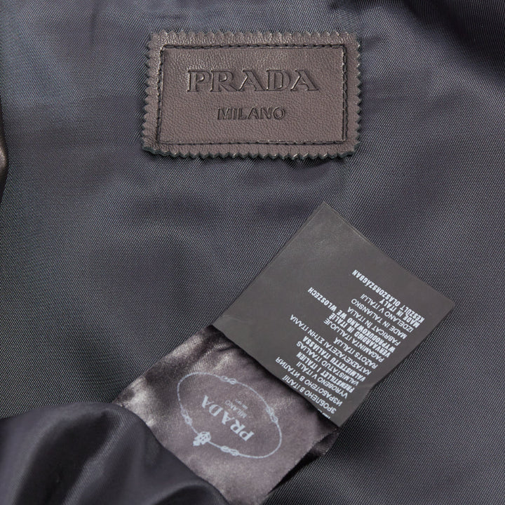 PRADA 2015 black lambskin leather grosgrain trim cropped military jacket IT44 L