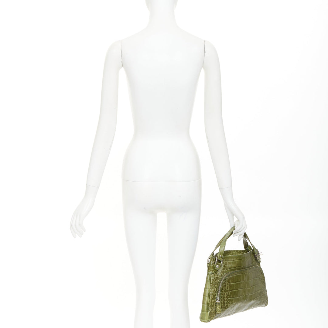 MARNI olive green croc embossed leather front zip pocket satchel bag