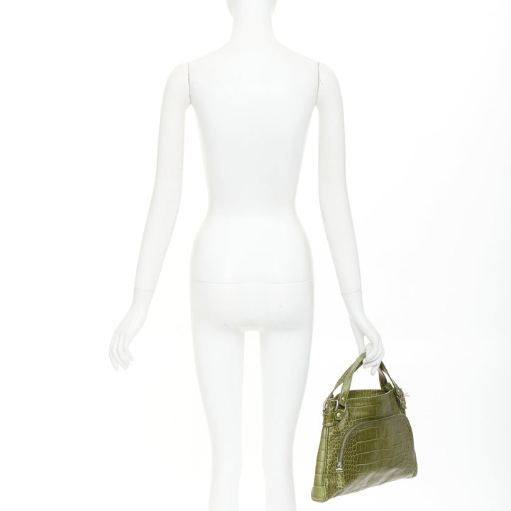 MARNI olive green croc embossed leather front zip pocket satchel bag