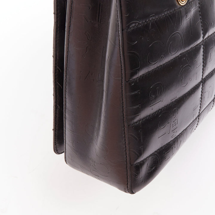 CHANEL Vintage 2002 Chocolate Bar black leather logo embossed chain tote bag
