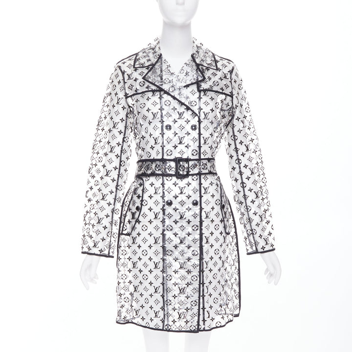 rare LOUIS VUITTON 2018 clear PVC black monogram belted trench coat FR36 S
