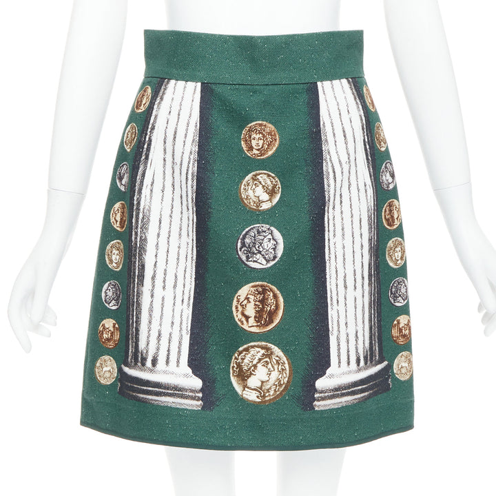 DOLCE GABBANA 2014 Runway green roman coin column bejeweled skirt set IT38 XS