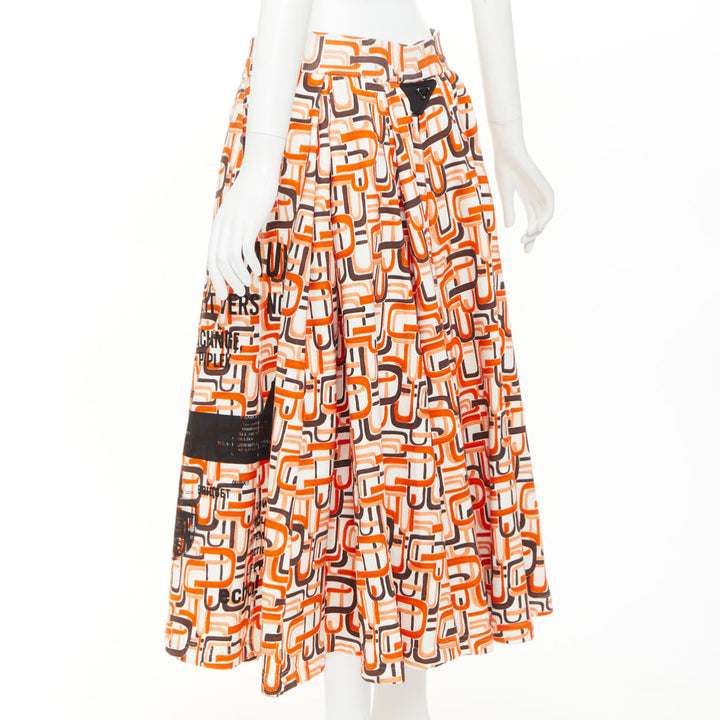 PRADA 2021 Runway orange geometric link print triangle logo cotton midi skirt M