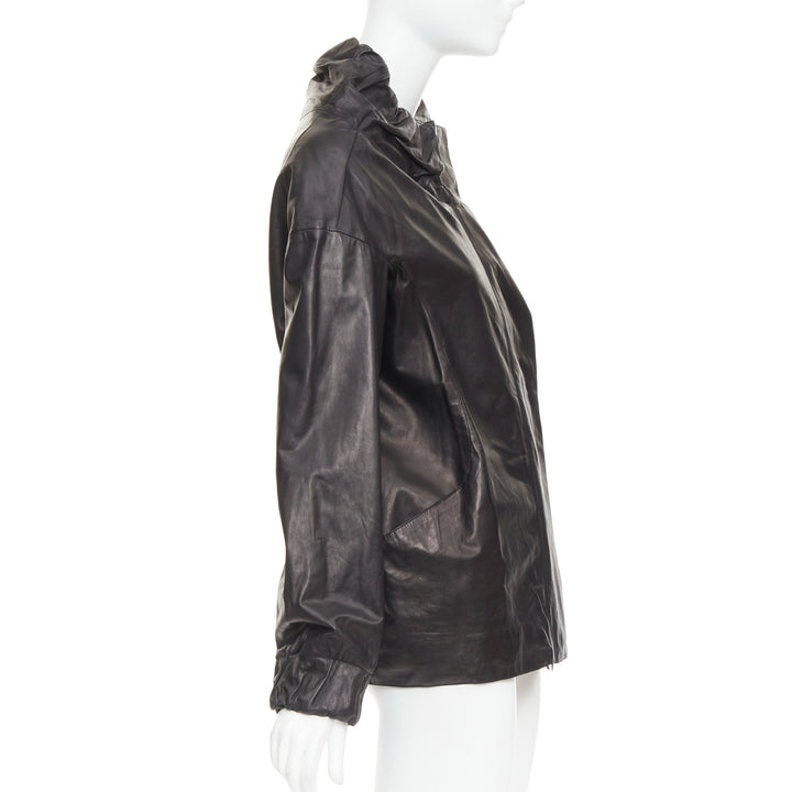 MARNI black lamb leather gathered collar zip up oversized jacket IT42 M