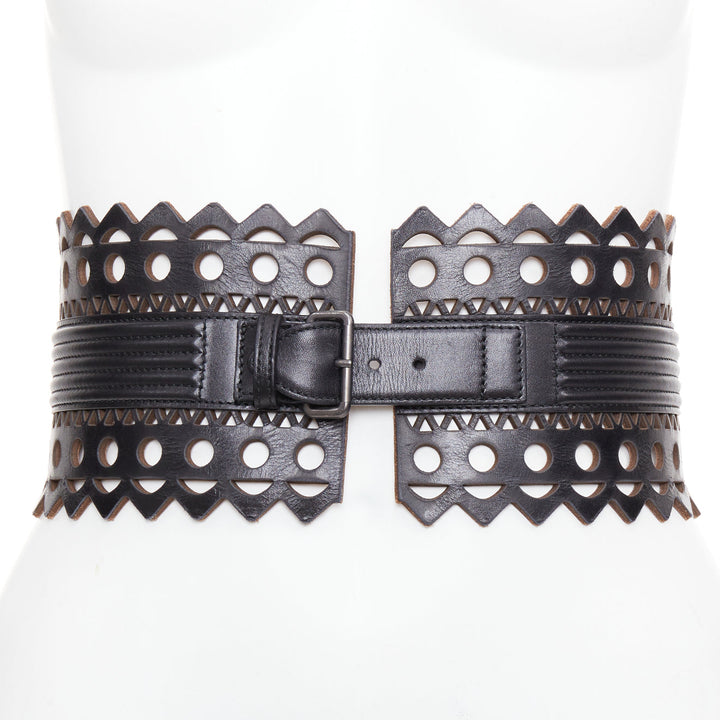 ALAIA Vienne black leather laser cut cinched corset wide belt 65cm