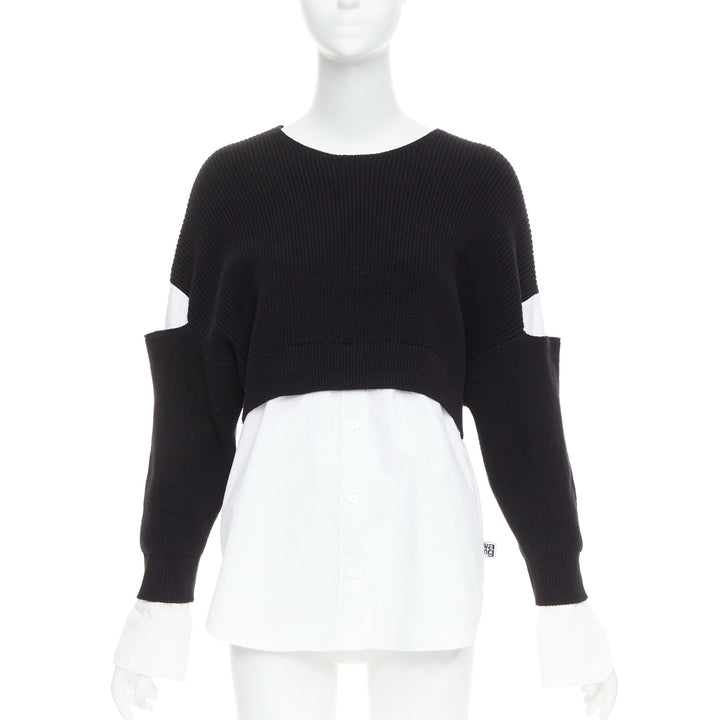T ALEXANDER WANG black white cotton blend hybrid cropped sweater shirt top XS