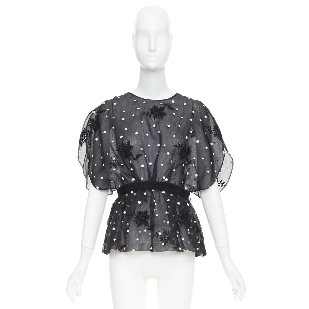 GIAMBATTISTA VALLI black polka dot applique sheer lace peplum top IT42 M