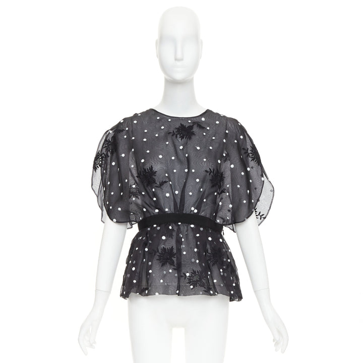 GIAMBATTISTA VALLI black polka dot applique sheer lace peplum top IT42 M