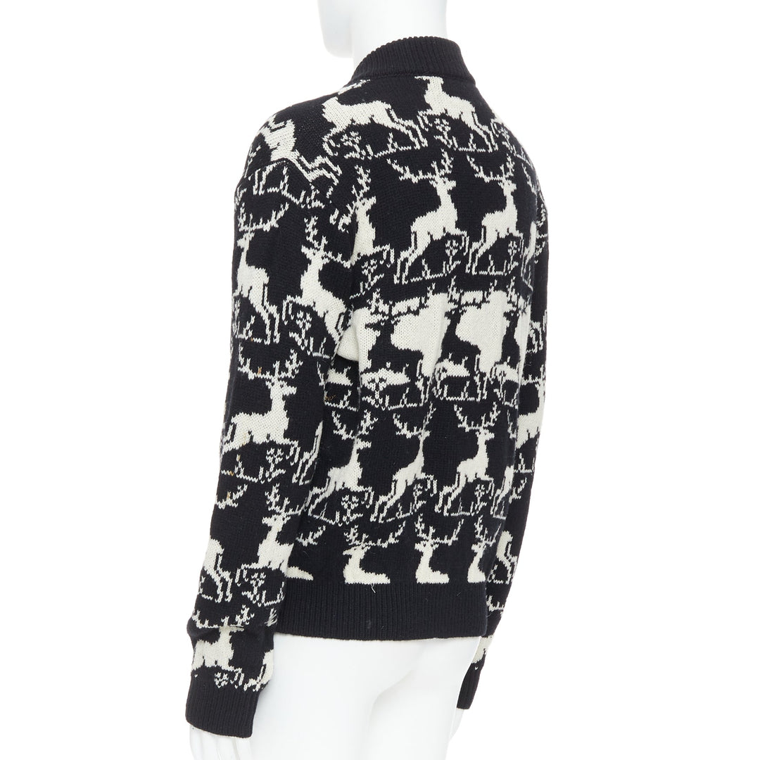 DRIES VAN NOTEN black white wool reindeer intarsia zip up jacket M