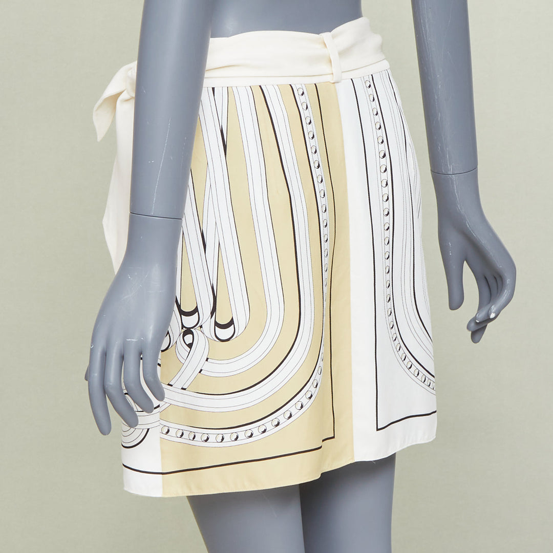 HERMES 100% silk Equestrian Bridle cream silk print wrap skirt FR36 S