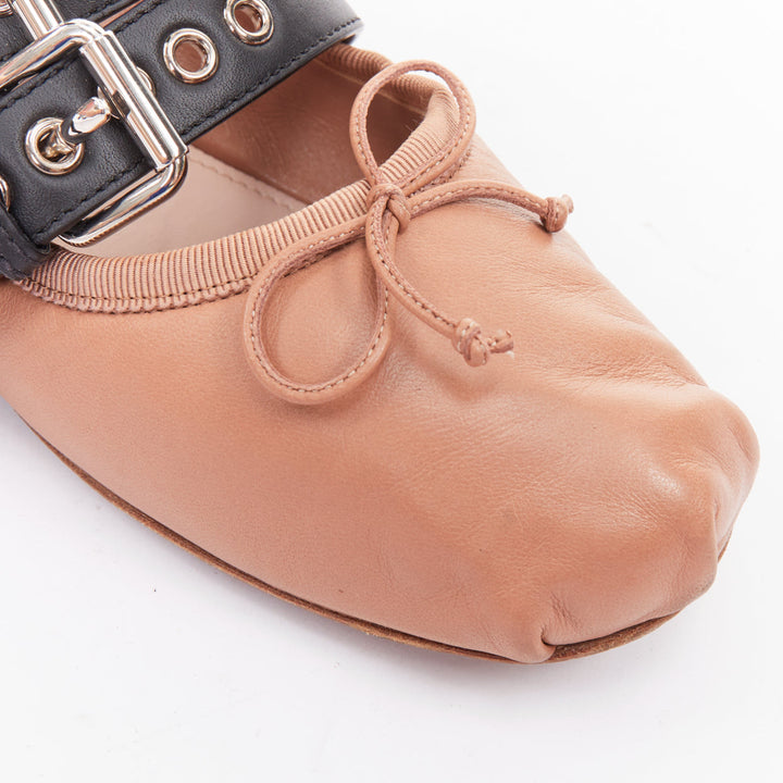 MIU MIU beige leather double black buckle punk strap ballet flats EU37.5
