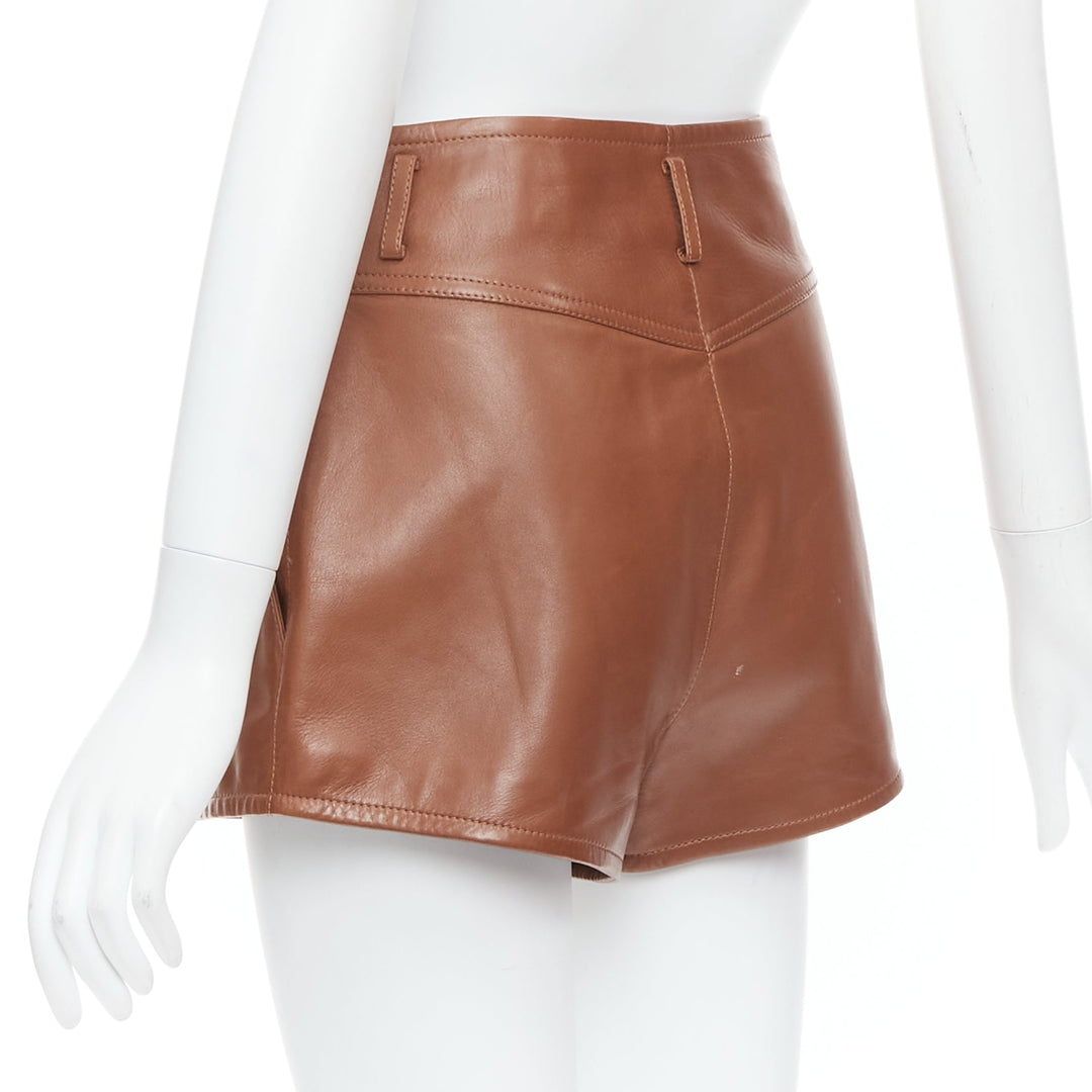 SAINT LAURENT 2020 brown lamb leather pleated riding shorts FR36 S