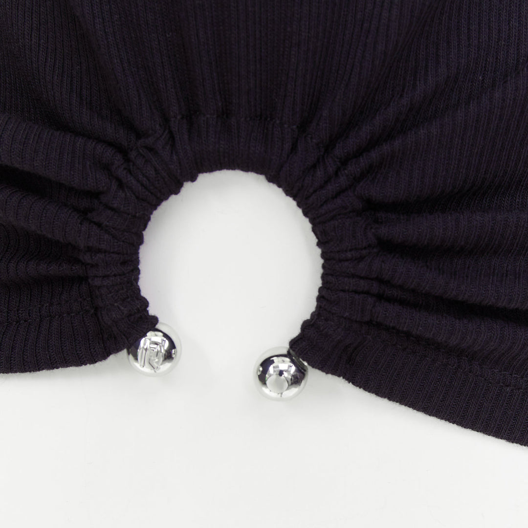 PACO RABANNE black silver piercing ring detail gathered ribbed tank top IT38 XS