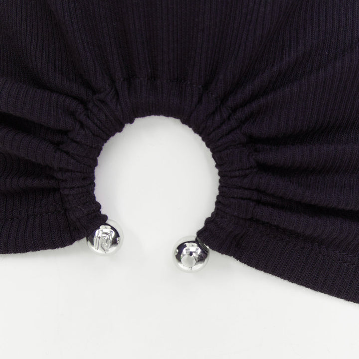 PACO RABANNE black silver piercing ring detail gathered ribbed tank top IT38 XS