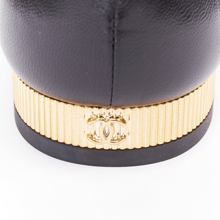 CHANEL 20C black leather grosgrain cap toe gold CC heel mary jane flats EU40