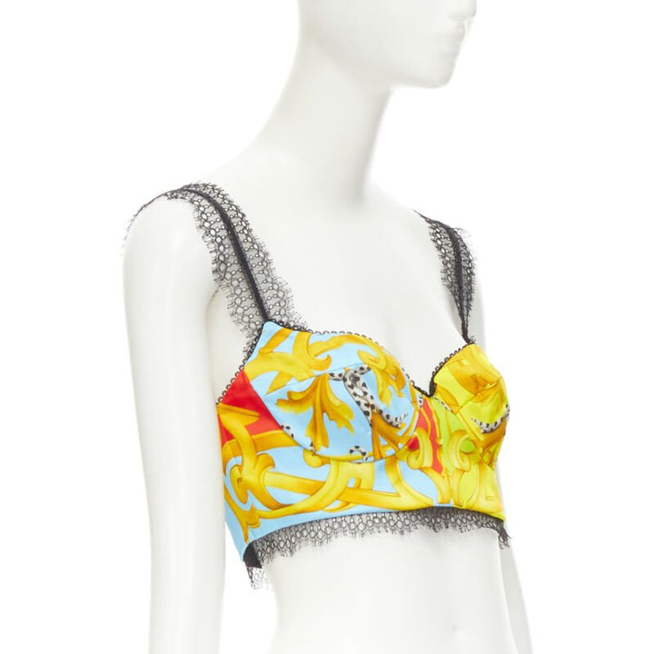 VERSACE Barocco Acanthus Pop print lace trim boned bustier bra top IT40 S