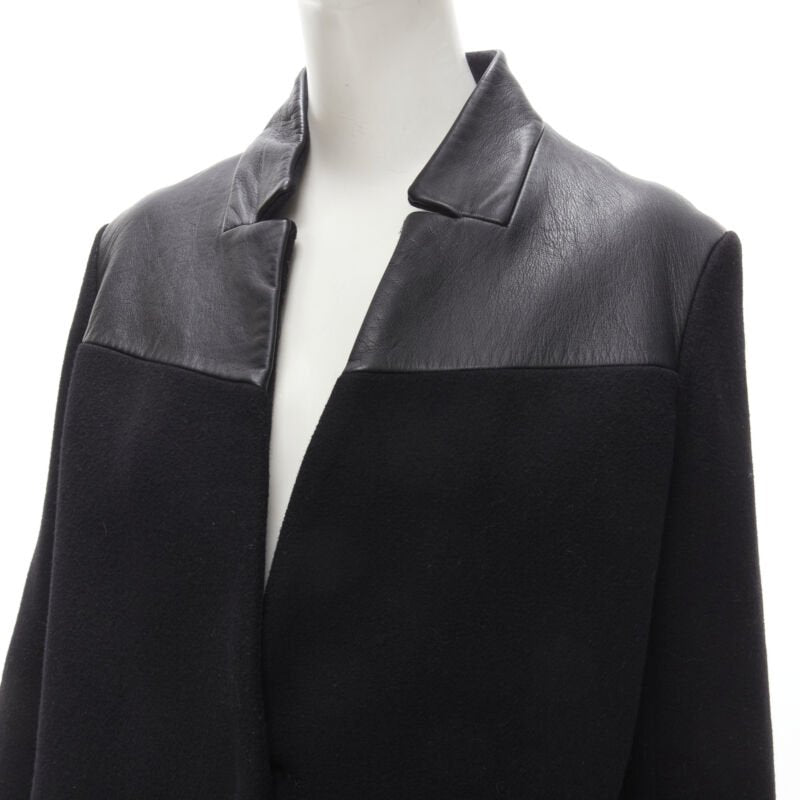 MAJE Sirop black calfskin leather trim wool collarless coat US2 S