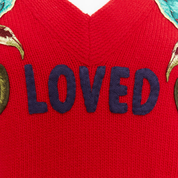GUCCI 2017 Runway red wool Loved Bird floral embroidered  red wool sweater S