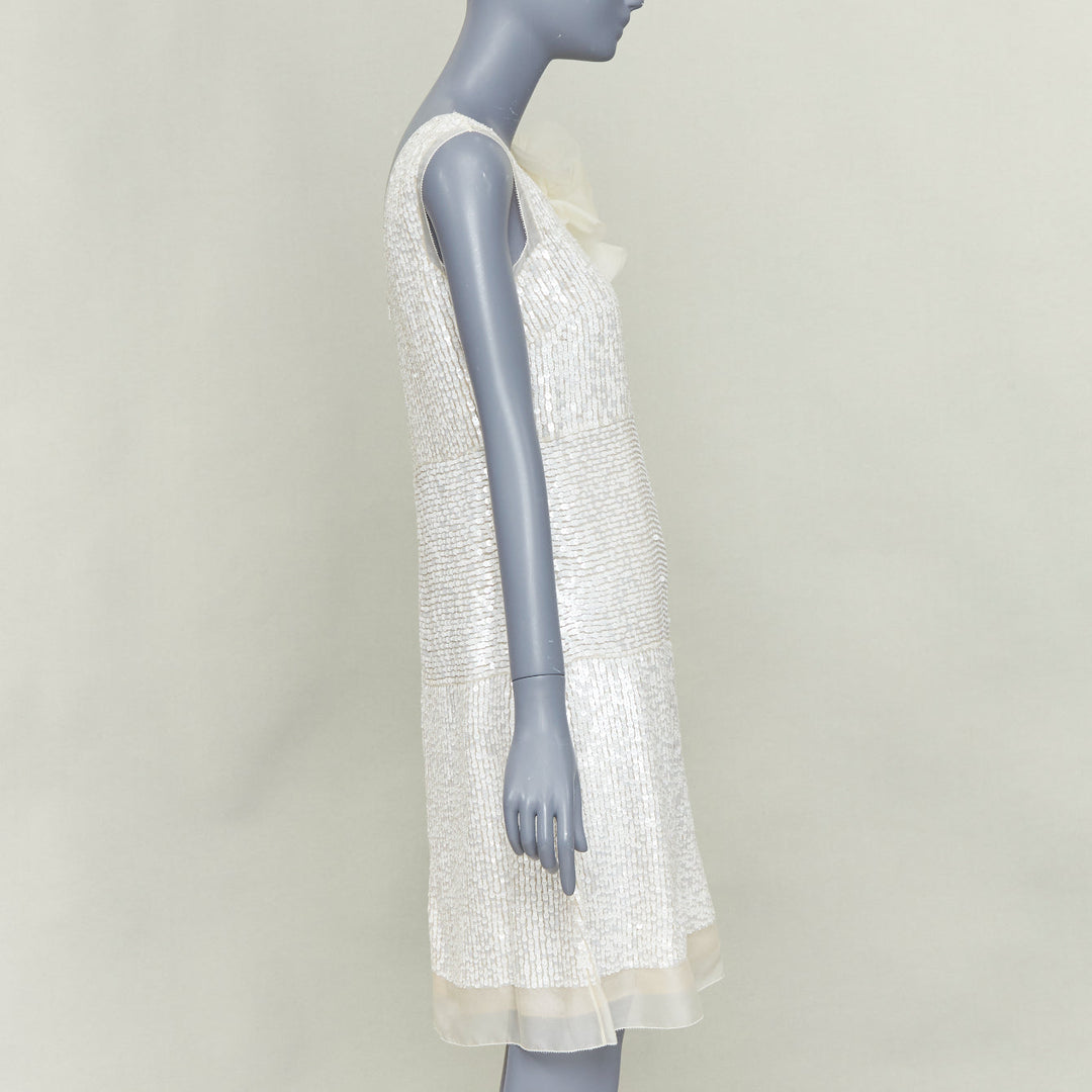VERA WANG Bridal cream silk organza sequin floral brooch shift dress US4 M