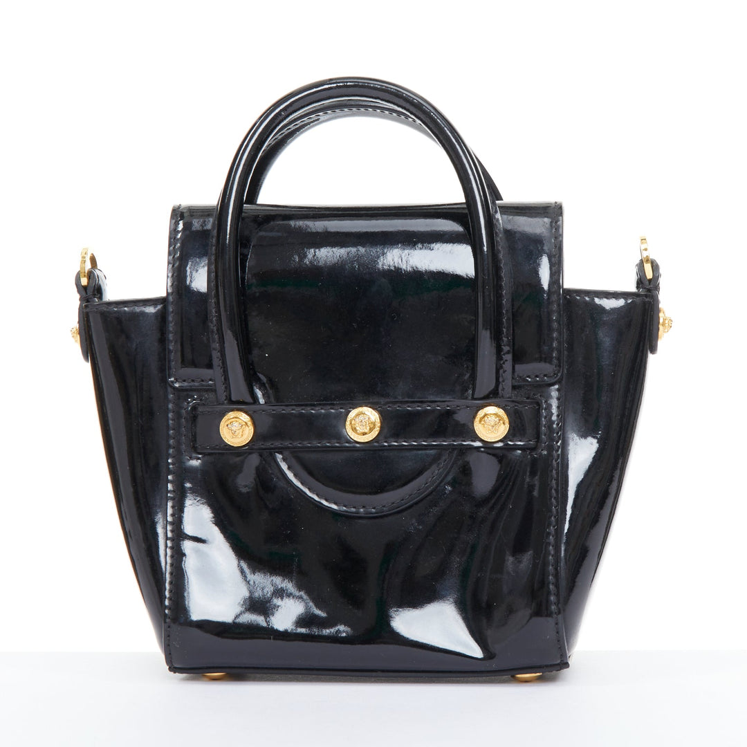 VERSACE black patent leather Signature Medusa lock mini satchel bag
