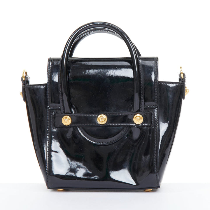 VERSACE black patent leather Signature Medusa lock mini satchel bag